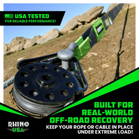 Heavy Duty Snatch Block For Winch Recovery 13.5 Ton Pulley With Aerospace Polymer Sheave And Powder Coated Drop Forged Steel Frame Built Tough For Synthetic Rope And Steel Cable Up To Three Eighths Inch American Owned Family Operated, off-road recovery close-up