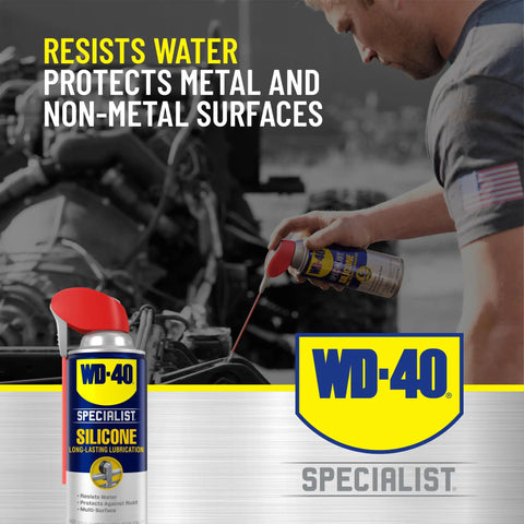 Using WD-40 Specialist Silicone lubricant on engine with text stating protective features.