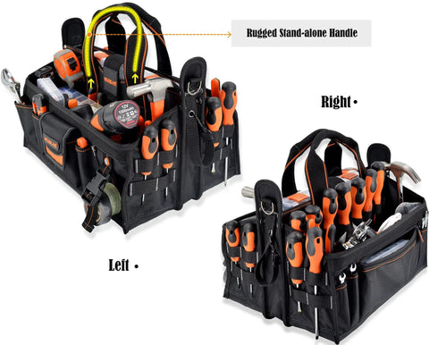 Heavy Duty 19 Pocket Tool Tote For HVAC Technicians And Electricians with tools, MOLLE loops, tape clip, and rugged handle