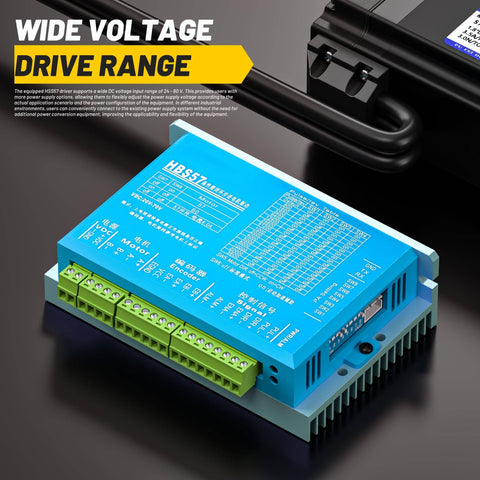 HSS57 driver from Closed Loop Stepper Motor Kit 428OzIn 3Nm Nema23 57HSZ3N with connectors, showcasing wide voltage drive range