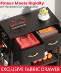 Versatile Sturdy Adjustable 4 Tier Home Gym Storage Rack Featuring Strong Steel Frame And Soft Drawer Top For Organizing Dumbbells And Dope Workout Essentials with fabric drawer and displayed items.