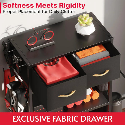 Versatile Sturdy Adjustable 4 Tier Home Gym Storage Rack Featuring Strong Steel Frame And Soft Drawer Top For Organizing Dumbbells And Dope Workout Essentials with fabric drawer and displayed items.