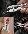 Mini 4 Inch Curved Jaw Locking Pliers With Wire Cutter Chrome Vanadium Steel Vise Grips For Clamping Twisting And Welding Jobs Heavy Duty Adjustable Locking Pliers Set in use for automotive repair and woodworking.