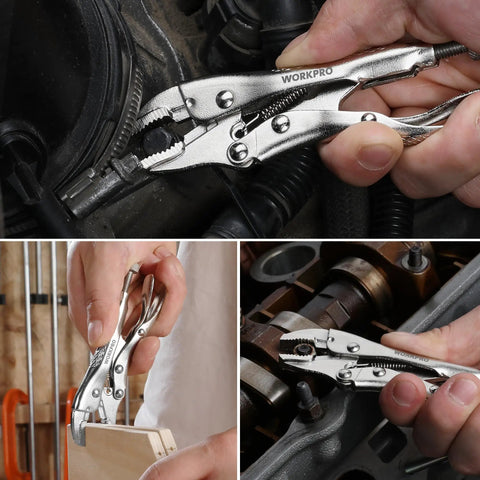 Mini 4 Inch Curved Jaw Locking Pliers With Wire Cutter Chrome Vanadium Steel Vise Grips For Clamping Twisting And Welding Jobs Heavy Duty Adjustable Locking Pliers Set in use for automotive repair and woodworking.