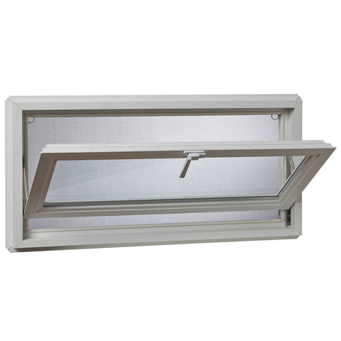 Vinyl Basement Hopper Window 32 By 18 White, Heavy Duty 3 Inch Mainframe, 4 Point Welded Sash, Cast Metal Lock, Opened Angle View