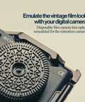 Close-up of a repurposed disposable camera inspired mirrorless pancake lens for Sony E mount with fixed F11 aperture