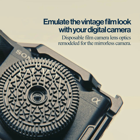 Close-up of a repurposed disposable camera inspired mirrorless pancake lens for Sony E mount with fixed F11 aperture