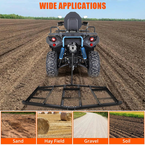 Heavy Duty Driveway Drag Harrow For ATV UTV And Garden Tractors 74 Inch Wide Tow Behind Harrow With 35 Inch Length Pin Hitch