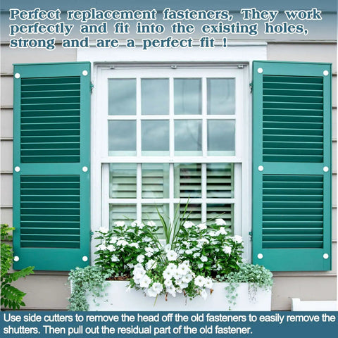 Top Shelf 30 Pack 3 Inch White Vinyl Shutter Fasteners Hella Durable PVC Anchor Pins For Exterior Decorative House Shutters UV Guard Fade Resistant No Rust Or Cracking installed in window shutters.