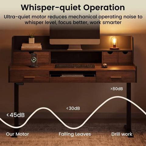 Built Tough 55 Inch Electric Adjustable Standing Desk Featuring Five Roomy Storage Drawers And Raised Monitor Platform Smooth Glide Motor Custom Memory Buttons Boss Home Office Setup with whisper-quiet operation.