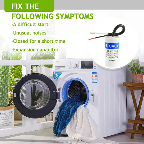 Washing machine open with 16uF 250V AC CBB60 Motor Run Capacitor 2 Wire for AC motors shown in overlay, text on fixing symptoms.
