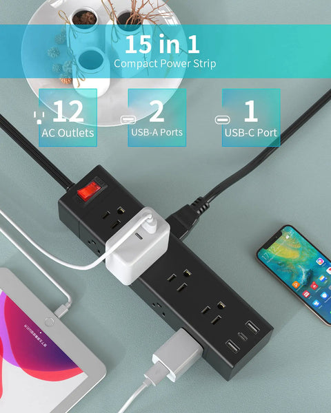 Flat 5 Ft Power Strip With USB C And 3 USB Ports 12 Outlets Surge Protector, black extension cord charging devices.