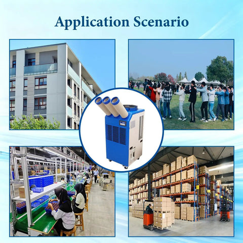 Heavy Duty 220V Industrial Air Conditioner Portable Spot Cooler With Three Adjustable Airflow Ducts And Smart Panel Controls for warehouse cooling.