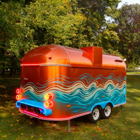 Turnkey Commercial Hot Dog Cart And Mobile Food Truck Trailer For Quick Bites Or Soft Serve With Pro Coffee Bar Setup and Rock Solid Wheels For Block Hustle, colorful design with vibrant blue and orange.