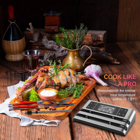 Hands-Free Wireless Meat Thermometer With Dual-Sensor Probes, 500 Ft Range, Smart App Control, Real-Time Temperature For Oven Or Grill, Rechargeable Battery, Ultra-Precise For Steaks And BBQ in use with a roast and herbs on a wooden board.
