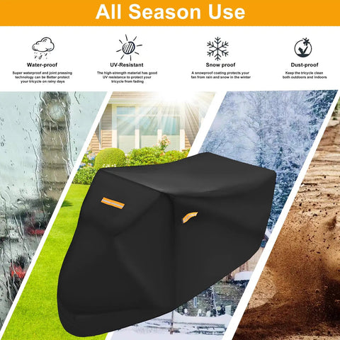 Heavy Duty Tricycle Cover For Adults Weatherproof UV Protection Windproof Snow Resistant Outdoor Shield Black Oxford Cloth Fits 75L X 30W X 44H For 3 Wheel Bikes Mountain Road Cruiser And Some E Bikes, all season use