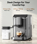 Top Shelf Fully Automatic Espresso Machine With Built In Grinder, 20 Bar Pressure, Smart Touch Display showcasing milk jug and water tank.