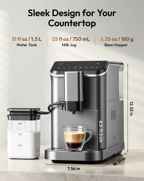 Top Shelf Fully Automatic Espresso Machine With Built In Grinder, 20 Bar Pressure, Smart Touch Display showcasing milk jug and water tank.