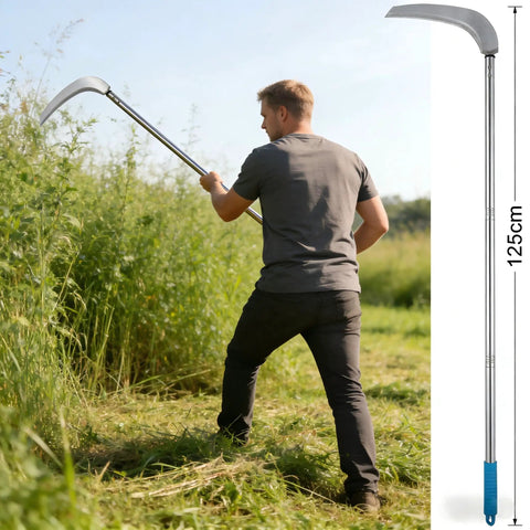Man using Adjustable Fifty Inch Long Handle Scythe With Heavy Duty Three Section Detachable Weed Cutter And A 12.6 Inch Stainless Steel Blade for weeding.