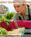 Woman using Long Leather Gardening Gloves For Women With Rose Pruning Design Heat Resistant Heavy Duty Work Gloves in garden