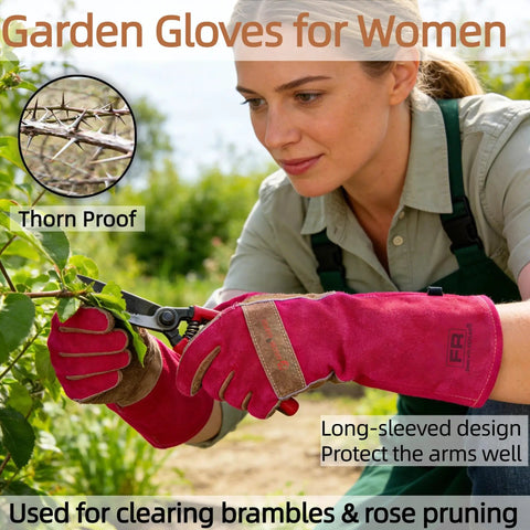Woman using Long Leather Gardening Gloves For Women With Rose Pruning Design Heat Resistant Heavy Duty Work Gloves in garden