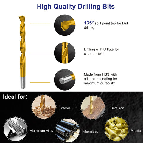 99-piece titanium-coated twist drill bit set with 135° tip for wood, cast iron, aluminum alloy, fiberglass, and plastic