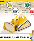 Sweet Wooden Bulldozer Model Kit For Kids Diy Construction Truck Toy Build And Play Hands On Family Fun Stem Workshop Educational Crafts Preschool Gift, front view, yellow and wood design.