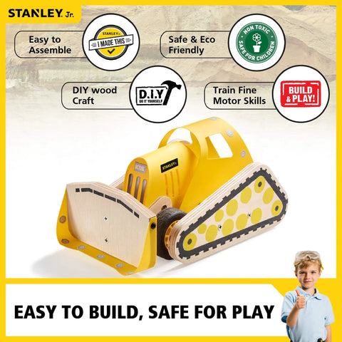 Sweet Wooden Bulldozer Model Kit For Kids Diy Construction Truck Toy Build And Play Hands On Family Fun Stem Workshop Educational Crafts Preschool Gift, front view, yellow and wood design.