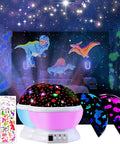 Two Pack Kids Night Light Projector For Bedroom With Six Films Starry Sky Unicorns Dinosaurs Pink And Blue Colorful Glow 4.1 X 3.8 Inches Perfect Gift For Kids showing colorful starry scene with dinosaurs and unicorns