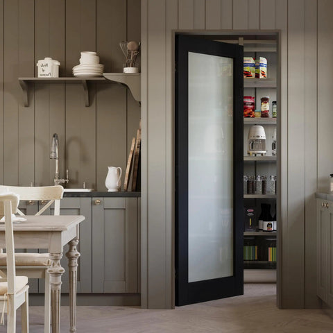 Kitchen pantry featuring 32 By 80 Black Door Slab With Frosted Glass Interior Panel In Solid Finished Shaker Style With Open Doorway