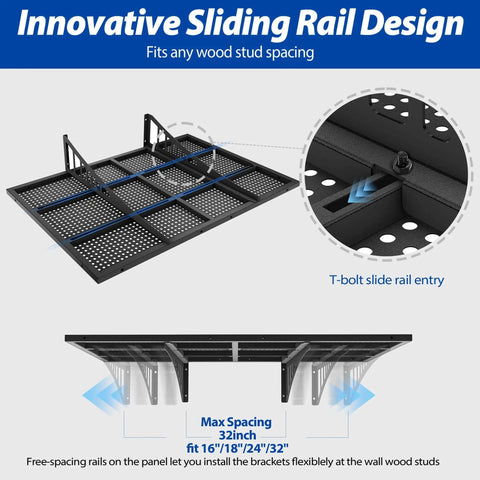 Illustration of Workhorse Garage Wall Shelves Set 2 Pack 2x3 Foot Wall Mounted Storage Shelves With Hooks, showing sliding rail system.