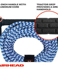 Blue and white 75 Foot Water Ski Rope With Tractor Grip Handle 1 Section Aluminum Core 12 Inch Grip, great for towing.