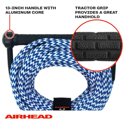 Blue and white 75 Foot Water Ski Rope With Tractor Grip Handle 1 Section Aluminum Core 12 Inch Grip, great for towing.