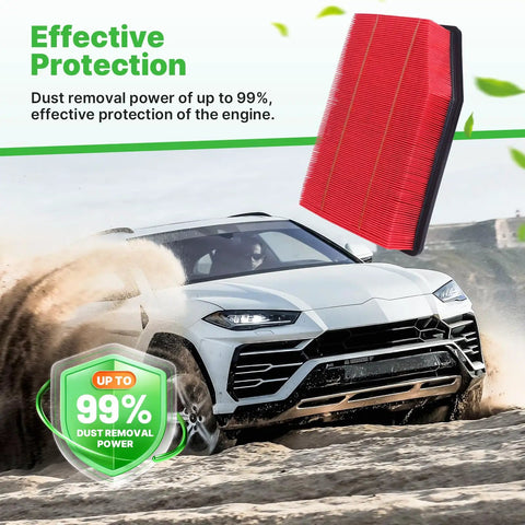 Engine And Cabin Air Filter Set For 2019 To 2026 Chevy Silverado 1500 GMC Sierra 1500 Suburban Tahoe Replacement High Efficiency Air Filters Easy Install For Clean Fresh Cabin And Peak Engine Performance next to a car driving in dirt