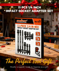 Heavy Duty Impact Socket Adapters Set For Drills In One Quarter Inch Hex Shank And Three Eighths Inch And One Half Inch Sizes, CRV Steel Built Tough For High Torque, Rust Resistant, Reinforced Construction, Includes Durable Storage Holder displayed in packaging on workbench.