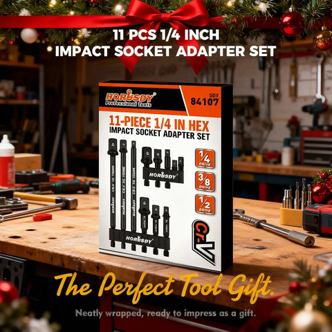 Heavy Duty Impact Socket Adapters Set For Drills In One Quarter Inch Hex Shank And Three Eighths Inch And One Half Inch Sizes, CRV Steel Built Tough For High Torque, Rust Resistant, Reinforced Construction, Includes Durable Storage Holder displayed in packaging on workbench.