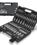 64-Piece Torx Socket Set With Three Eighths, One Quarter, And One Half Inch Drives, External Torx Sockets, Tough Impact Adapter, And Reducer, A Real Workhorse Built From S2 Tool Steel And CR-V For Heavy-Duty Auto, Motorcycle, And Garage Projects in a foam-lined case with open lid and closed carrying case.