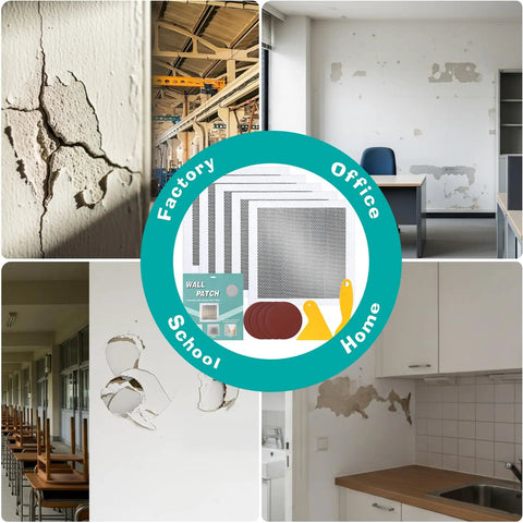 3 Piece Drywall Repair Kit For Large Holes And Cracks Self Adhesive 12 By 12 Inch Patches With Sandpaper And Scrapers shown with damaged walls