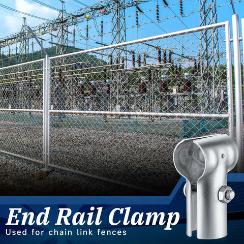 12 Pack End Rail T Clamp For One And Three Eighths Inch Chain Link Fence OD Pipe Galvanized T Connectors displayed by fence