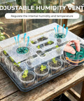 Two Pack 3 Inch Seed Starter Trays With Grow Lights And Humidity Domes, 40 Clear Nursery Pots, 20 Cell Trays on wooden table