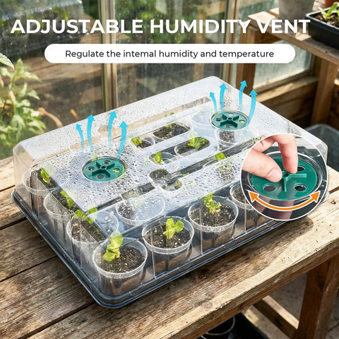 Two Pack 3 Inch Seed Starter Trays With Grow Lights And Humidity Domes, 40 Clear Nursery Pots, 20 Cell Trays on wooden table