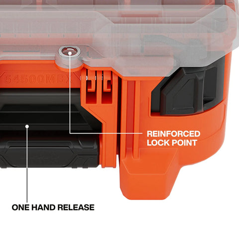 Corner detail of Modbox Tall Compartment Box With 10 Compartments And 4 Removable Bins Clear Lid Stackable Pro Grade Small Parts Organizer.
