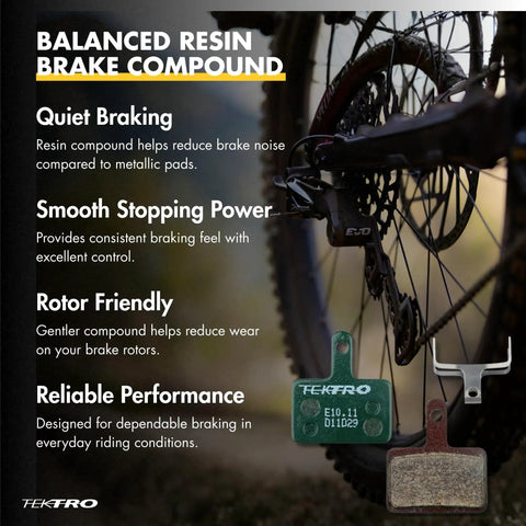 E10.11 Resin Disc Brake Pads with Organic Resin Compound on mountain bike for smooth, powerful stopping and all-weather performance