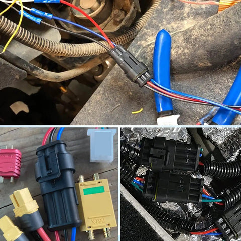 3 Pin Waterproof Electrical Wire Connectors Kit for automotive, showing male and female plugs in use on vehicles.