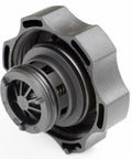Close-up view of a black universal GM radiator surge tank cap for Chevy GMC Buick Cadillac Pontiac Saturn.