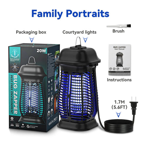 Ultimate Indoor Outdoor Bug Zapper For Mosquitoes And Flies, 4200V Electric Grid With 20W Blue UV Light in packaging and accessories