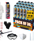 36 Cans Spray Foam Insulation Kit For Walls And Attic With Gun, Cleaner, Safety Gear, and foam accessories displayed