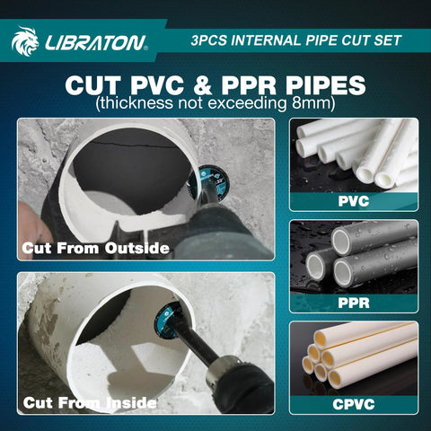 Libraton 3-piece internal pipe cutter set for PVC, PPR, CPVC pipes with deburring tool