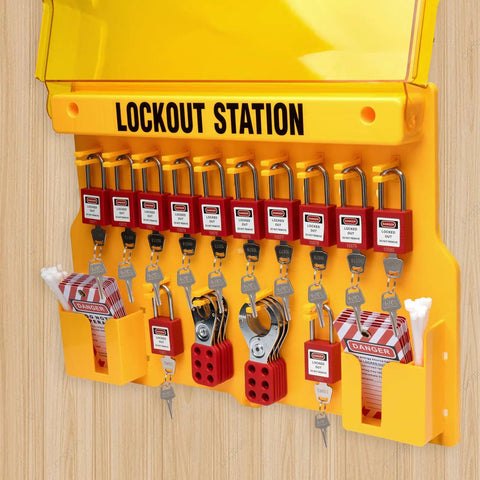 Pro Grade Heavy Duty Lockout Tagout Station Kit with Loto Devices, 12 Padlocks, 6 Hasps, 30 Do Not Operate Tags, OSHA Compliant