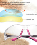 Cross-section of scratch-resistant lenses with pink Women Safety Glasses With Anti Fog Lenses HD Clear Scratch Resistant Protective Eyewear.
